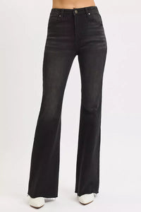 RISEN High Rise Flare Raw Hem Jeans in Black-RISEN-Reef Love Boutique