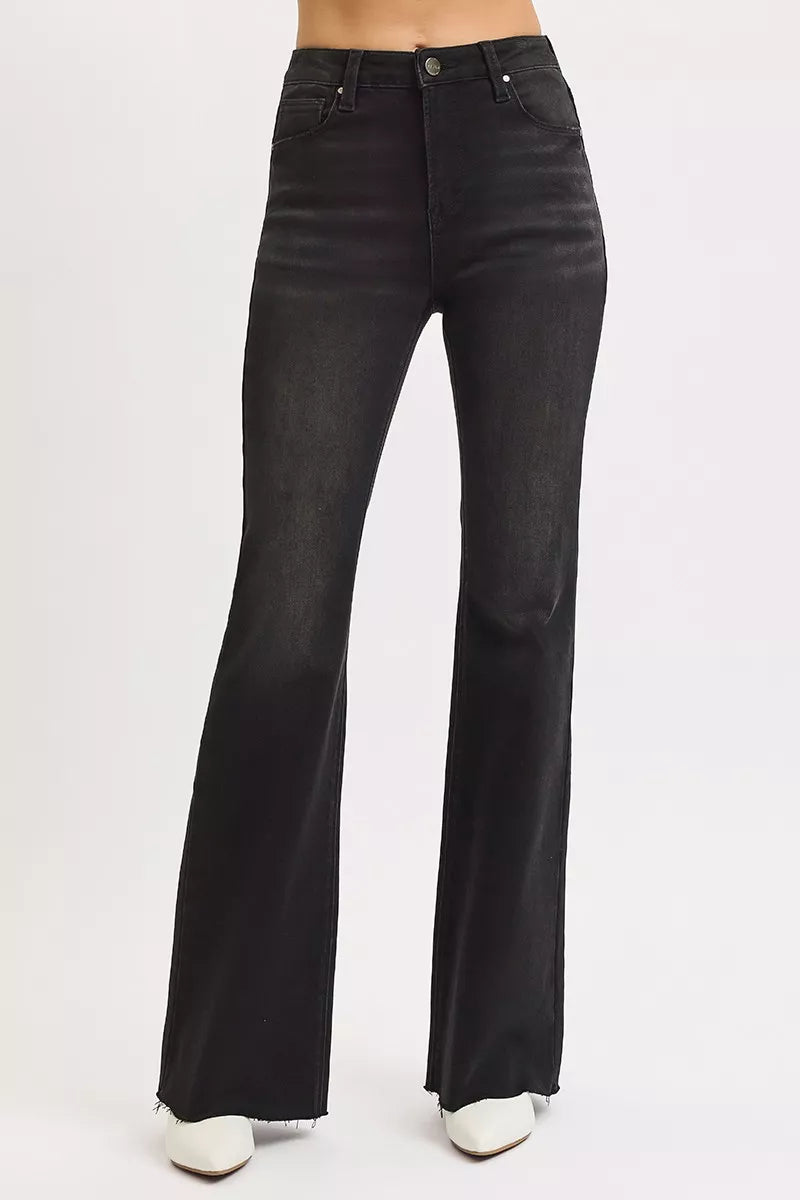 RISEN High Rise Flare Raw Hem Jeans in Black-RISEN-Reef Love Boutique