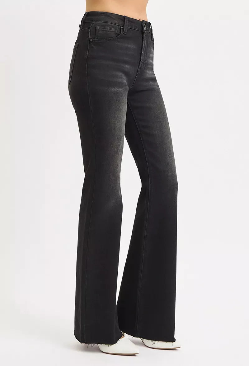 RISEN High Rise Flare Raw Hem Jeans in Black-RISEN-Reef Love Boutique
