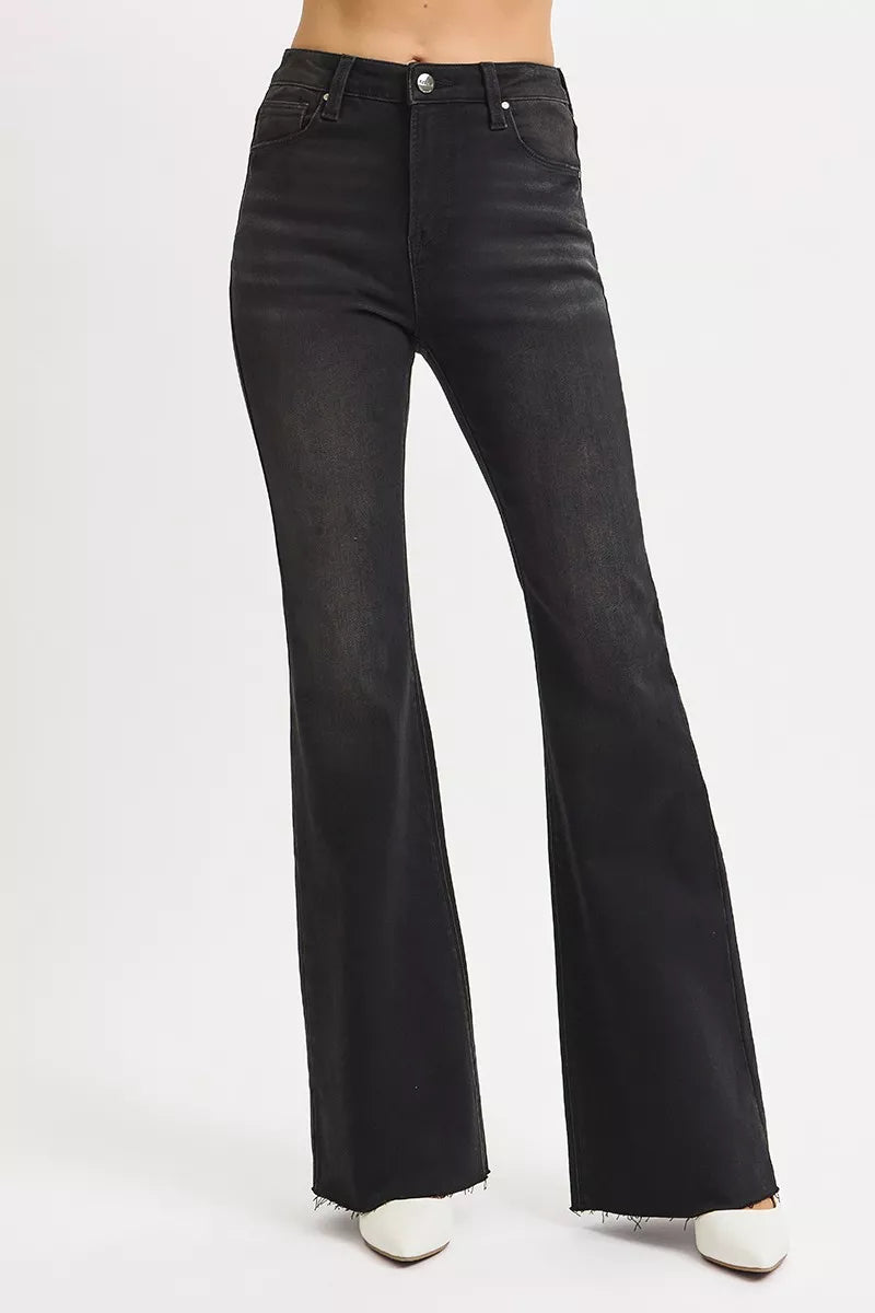 RISEN High Rise Flare Raw Hem Jeans in Black-RISEN-BLACK-0-Reef Love Boutique