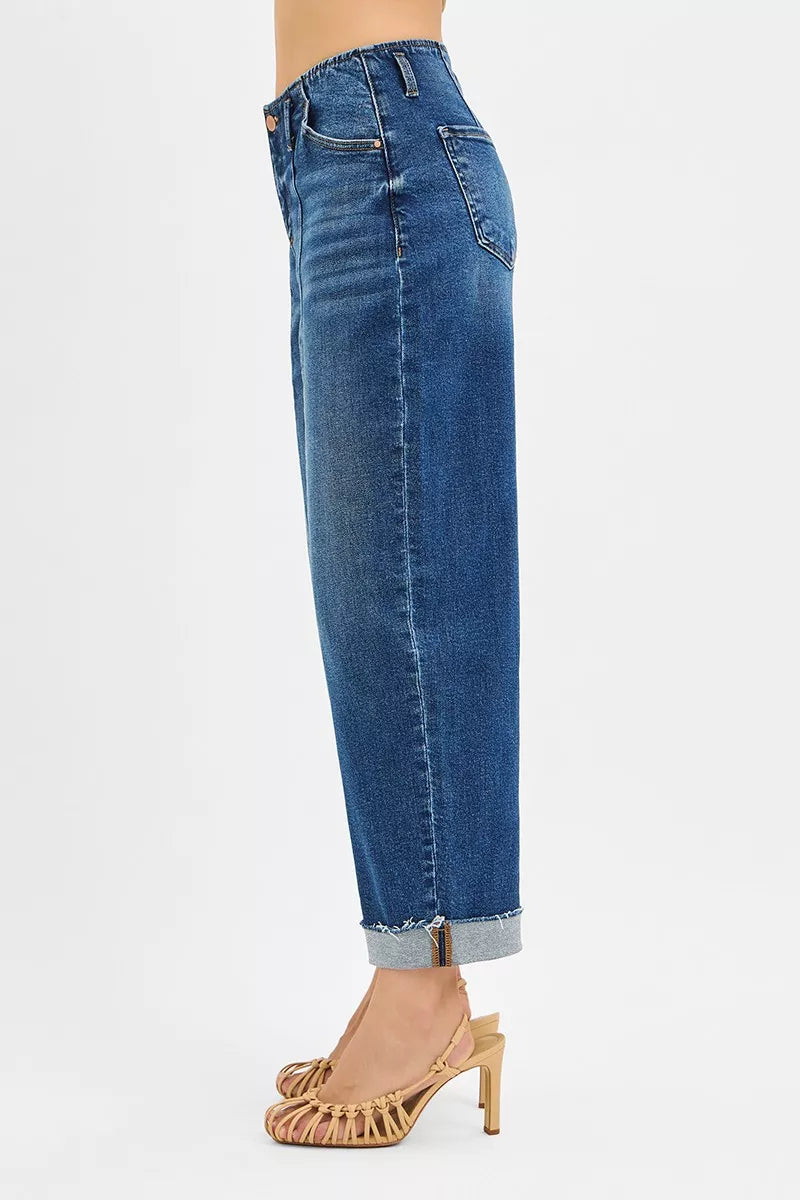 RISEN High Rise Front Seam Barrel Cuffed Jeans-RISEN High Rise Front Seam Barrel Jeans - Cuffed & Cropped. The High Rise Fit Barrel Cuffed Jeans are a stylish and trendy choice for any wardrobe.