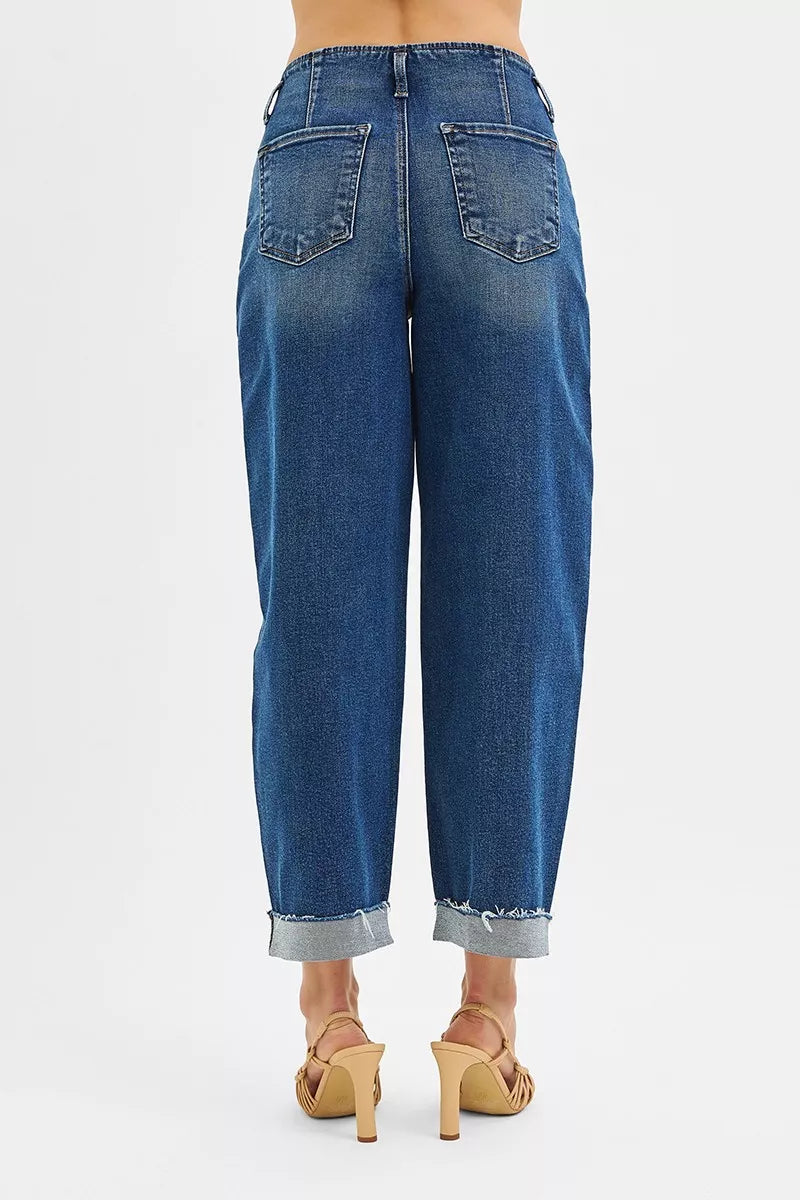 RISEN High Rise Front Seam Barrel Cuffed Jeans-RISEN High Rise Front Seam Barrel Jeans - Cuffed & Cropped. The High Rise Fit Barrel Cuffed Jeans are a stylish and trendy choice for any wardrobe.
