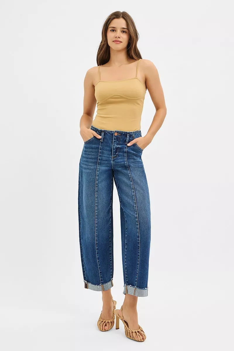 RISEN High Rise Front Seam Barrel Cuffed Jeans-RISEN High Rise Front Seam Barrel Jeans - Cuffed & Cropped. The High Rise Fit Barrel Cuffed Jeans are a stylish and trendy choice for any wardrobe.