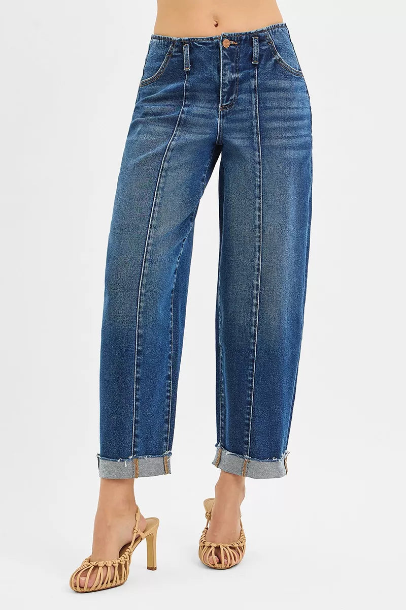 RISEN High Rise Front Seam Barrel Cuffed Jeans-RISEN High Rise Front Seam Barrel Jeans - Cuffed & Cropped. The High Rise Fit Barrel Cuffed Jeans are a stylish and trendy choice for any wardrobe.
