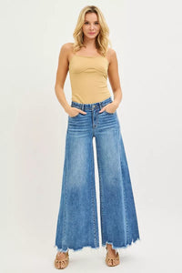 RISEN High Rise Raw Hem Ankle Wide Jeans, Medium Wash-RISEN-Reef Love Boutique