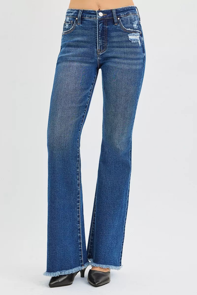 RISEN High Rise Raw Hem Flare Jeans, Dark Wash-Reef Love