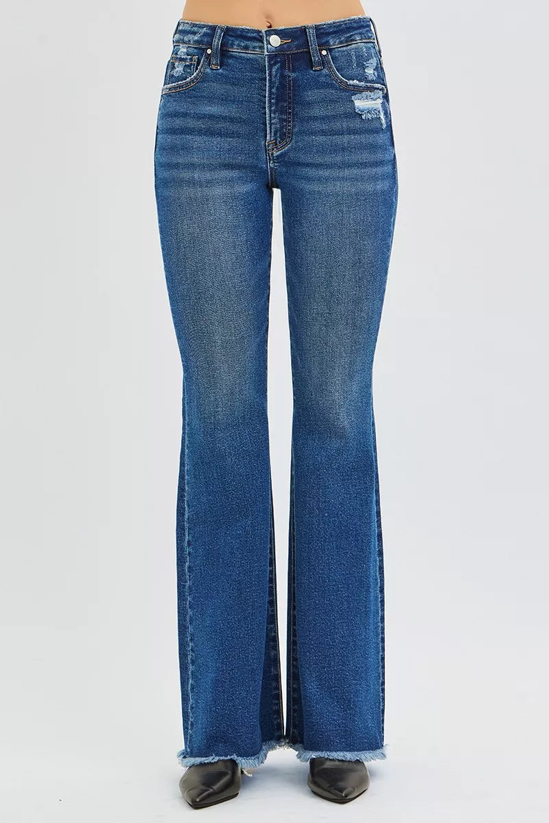 RISEN High Rise Raw Hem Flare Jeans, Dark Wash-Reef Love
