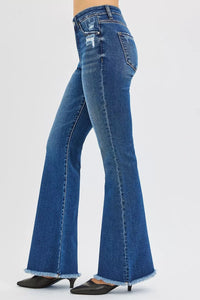 RISEN High Rise Raw Hem Flare Jeans, Dark Wash-Reef Love