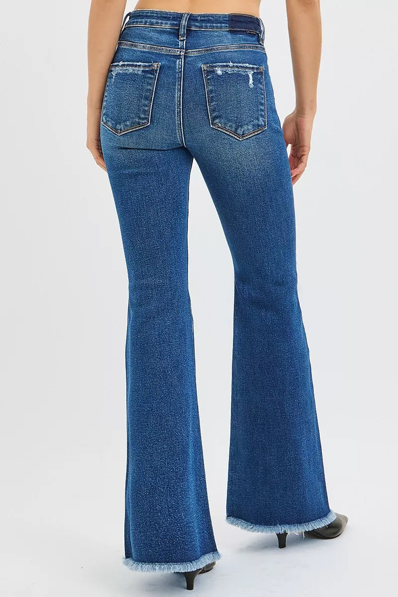 RISEN High Rise Raw Hem Flare Jeans, Dark Wash-Reef Love