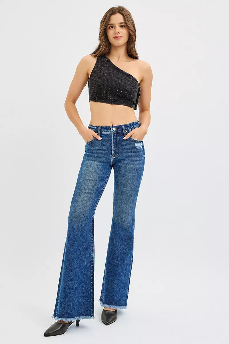 RISEN High Rise Raw Hem Flare Jeans, Dark Wash-Reef Love