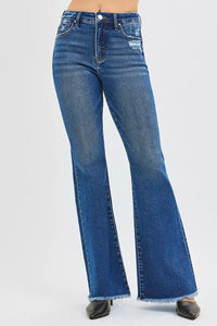RISEN High Rise Raw Hem Flare Jeans, Dark Wash-Reef Love