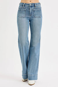 High Rise Wide Flare Patch Pocket Jeans – Retro-Inspired Style with a Modern Fit