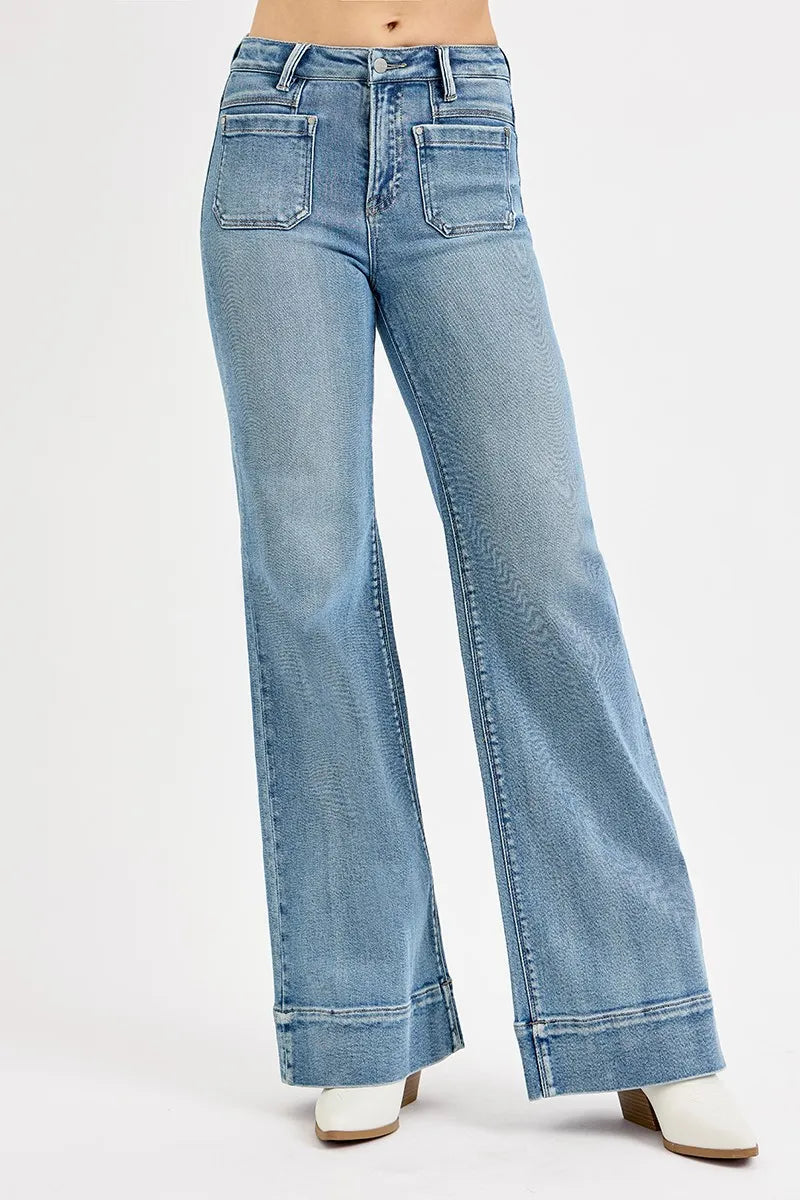 High Rise Wide Flare Patch Pocket Jeans – Retro-Inspired Style with a Modern Fit
