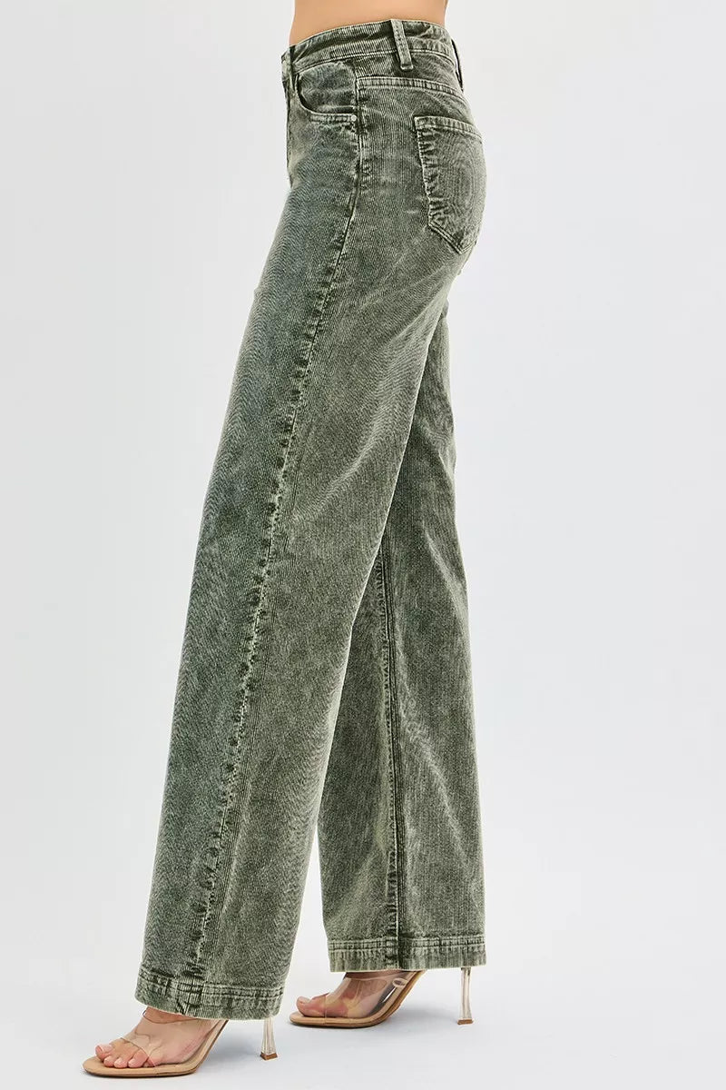 RISEN High Rise Wide Leg Forrest Green Corduroy Jeans-RISEN High Rise Wide Leg Corduroy Jeans in Forrest Green. Retro-inspired corduroy with high waist, pockets, and wide-leg silhouette. Available in plus sizes.-Reef Love