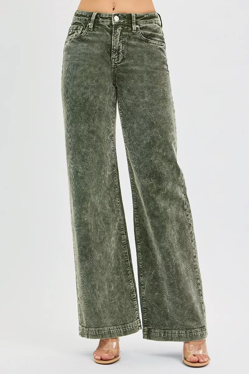 RISEN High Rise Wide Leg Forrest Green Corduroy Jeans-RISEN High Rise Wide Leg Corduroy Jeans in Forrest Green. Retro-inspired corduroy with high waist, pockets, and wide-leg silhouette. Available in plus sizes.-Reef Love