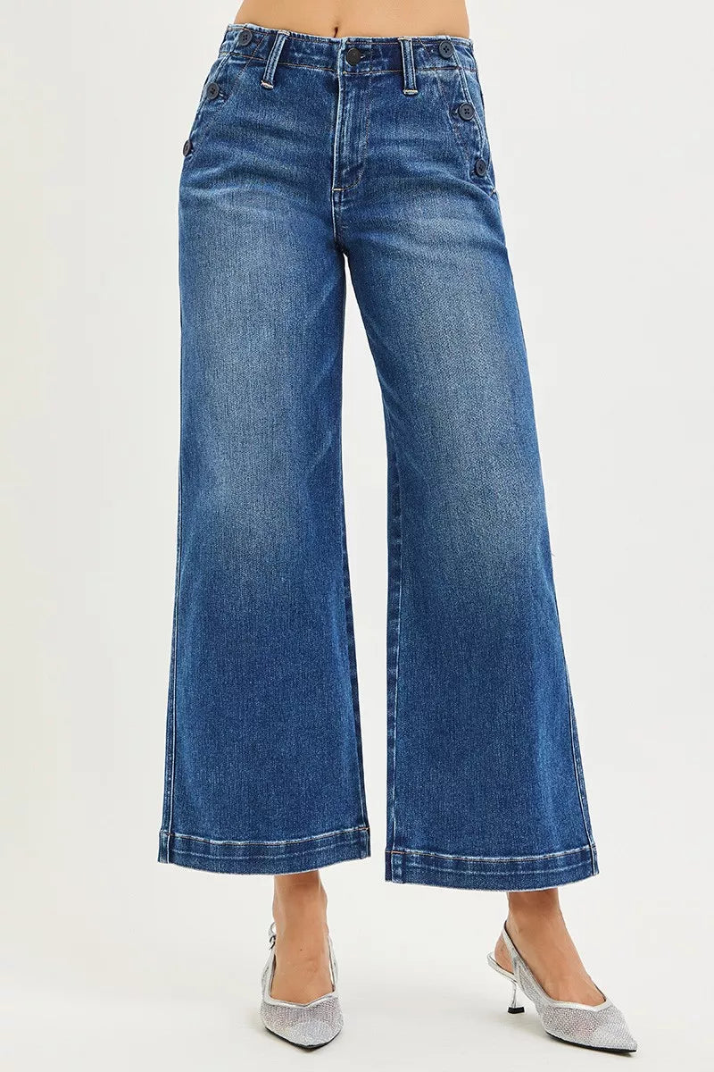 RISEN High Rise Wide Leg Jeans With Pocket Button Detail-Cropped Wide Leg Jeans-Reef Love
