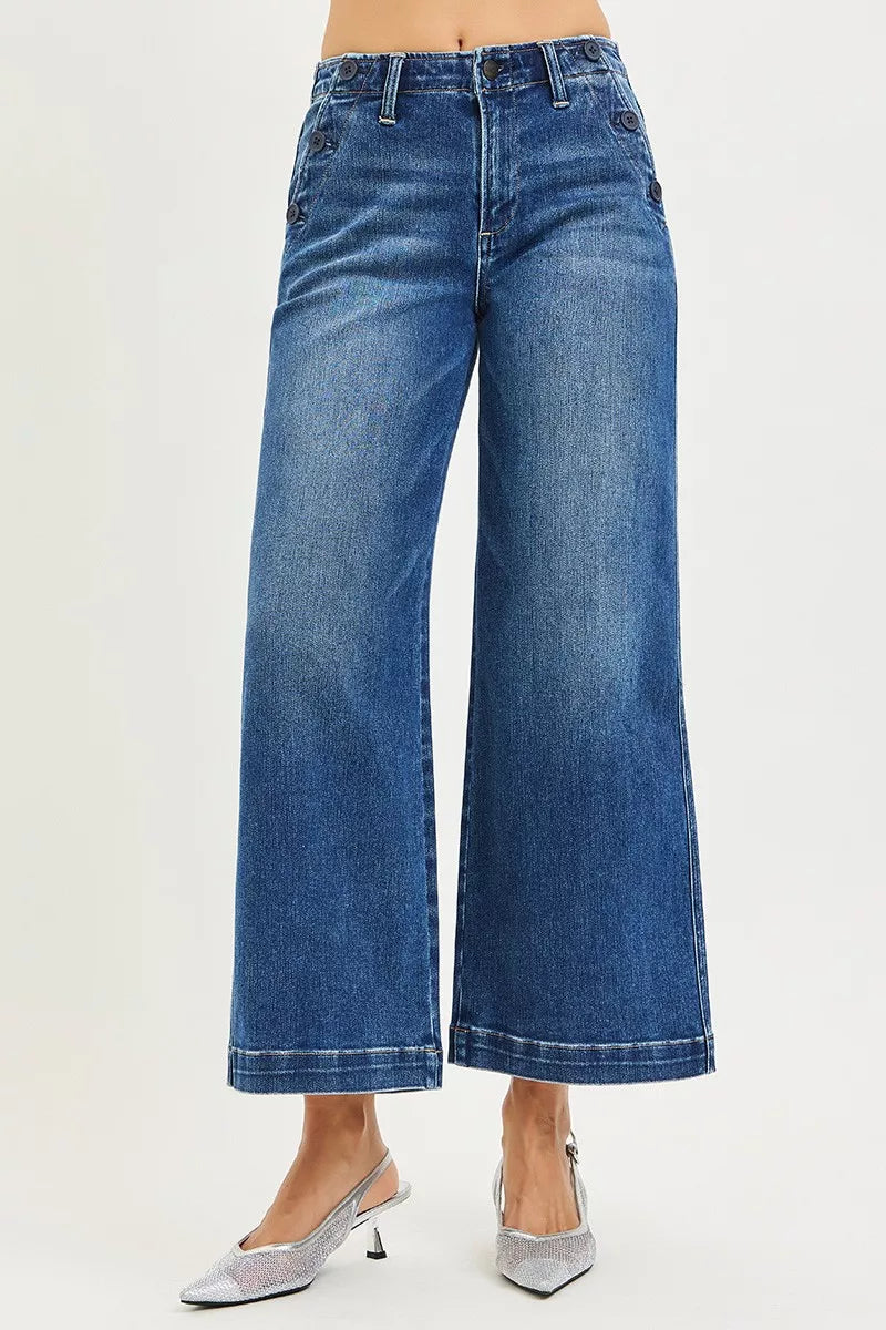 RISEN High Rise Wide Leg Jeans With Pocket Button Detail-Cropped Wide Leg Jeans-Reef Love