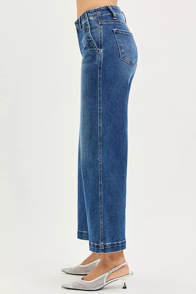 RISEN High Rise Wide Leg Jeans With Pocket Button Detail-Cropped Wide Leg Jeans-Reef Love