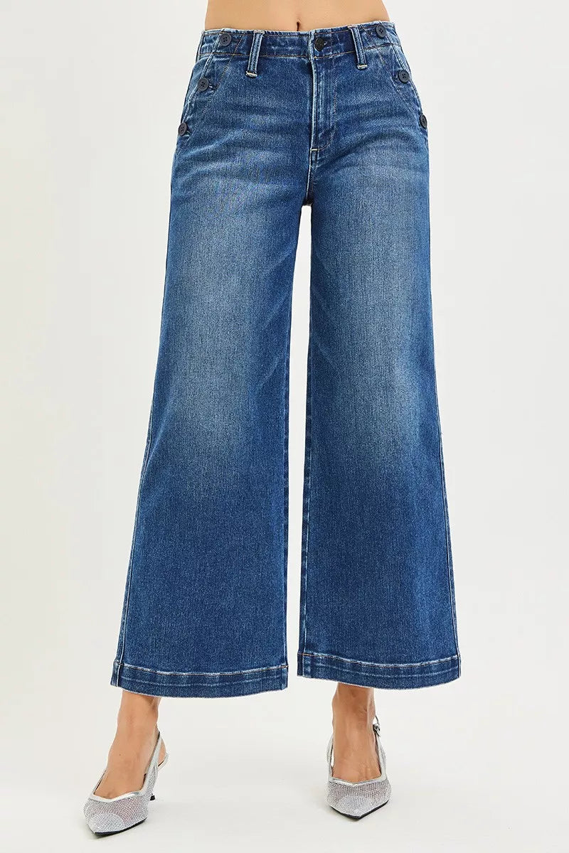 RISEN High Rise Wide Leg Jeans With Pocket Button Detail-Cropped Wide Leg Jeans-Reef Love