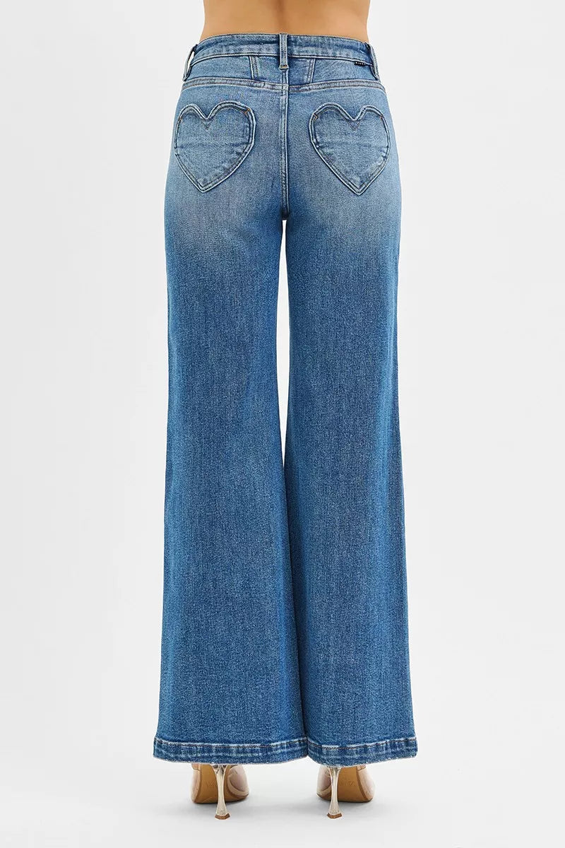 RISEN High Rise Wide Leg Jeans with Heart Back Pockets