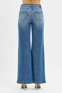 RISEN High Rise Wide Leg Jeans with Heart Back Pockets