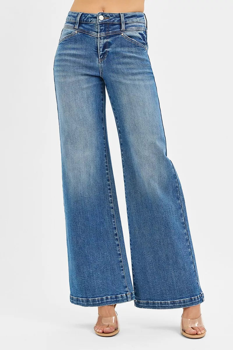 RISEN High Rise Wide Leg Jeans with Heart Back Pockets