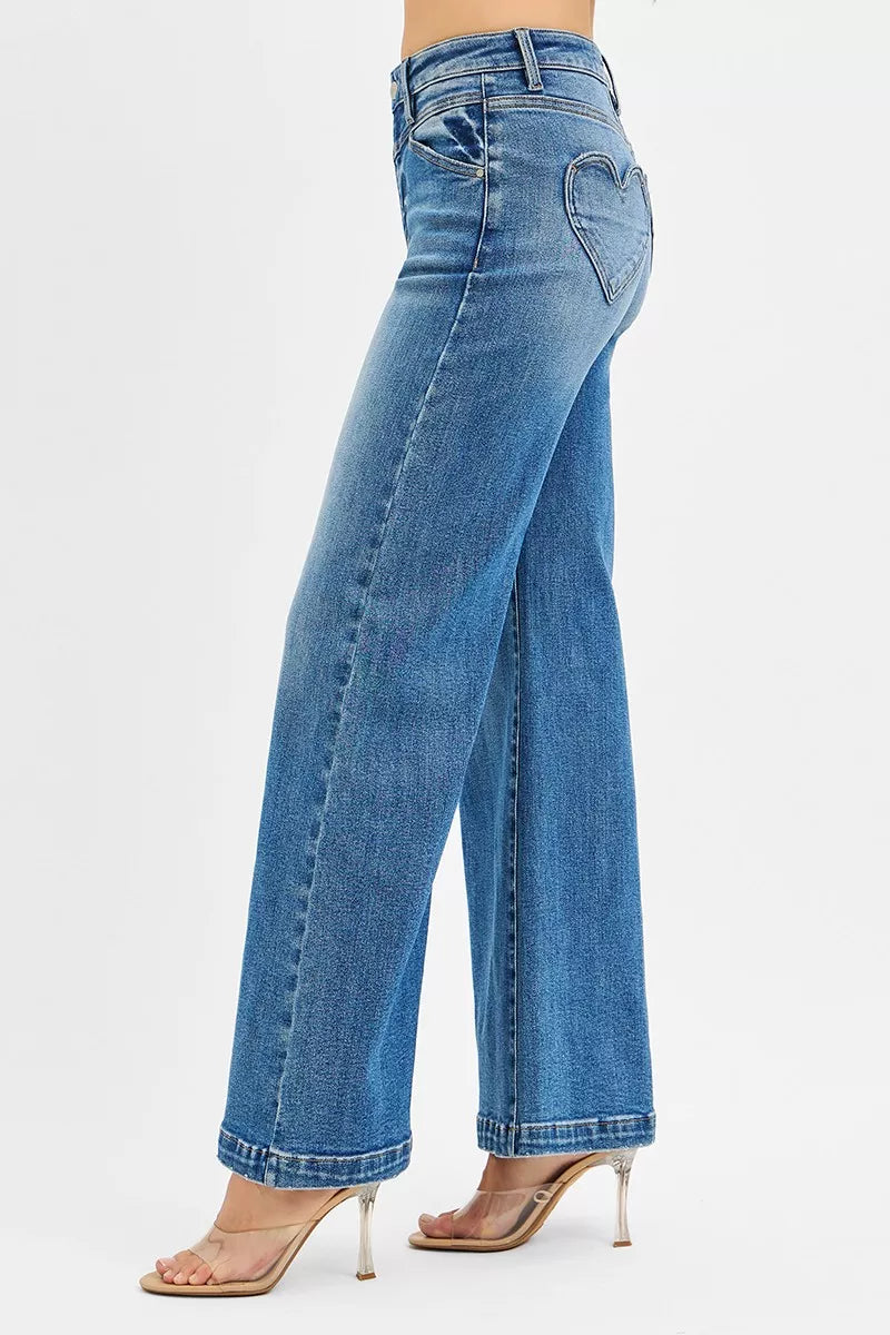 RISEN High Rise Wide Leg Jeans with Heart Back Pockets