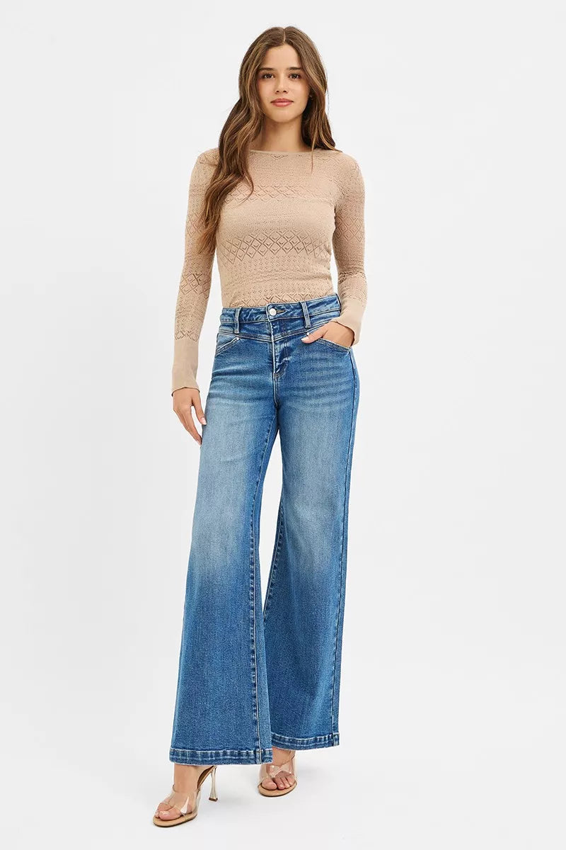 RISEN High Rise Wide Leg Jeans with Heart Back Pockets