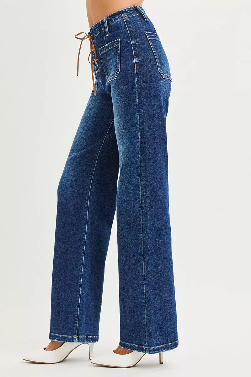 RISEN High Rise Wide Leg Jeans with Lace-Up Front-RISEN-Reef Love Boutique