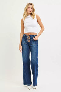 RISEN High Rise Wide Leg Jeans with Lace-Up Front-RISEN-Reef Love Boutique