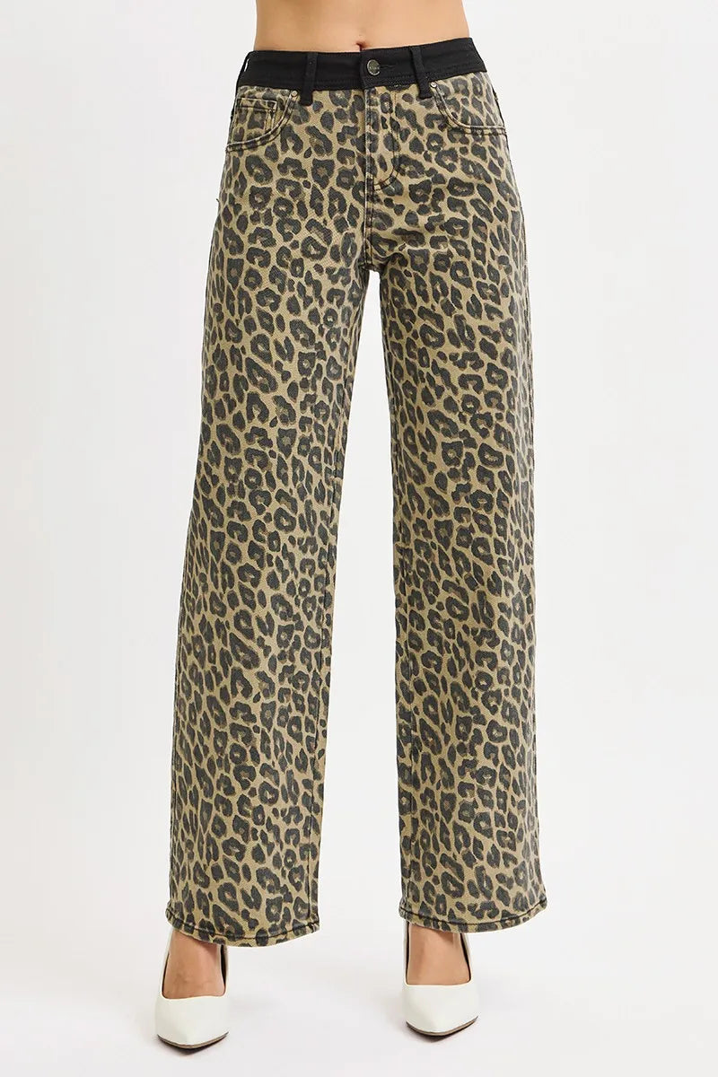 RISEN High Rise Wide Leg Leopard Printed Jeans-The High Rise Wide Leg Leopard Printed Jeans with Contrast Waist Band Detail are a bold and fashion-forward choice for making a statement. -Reef Love