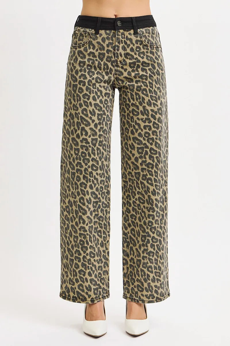 RISEN High Rise Wide Leg Leopard Printed Jeans-The High Rise Wide Leg Leopard Printed Jeans with Contrast Waist Band Detail are a bold and fashion-forward choice for making a statement. -Reef Love