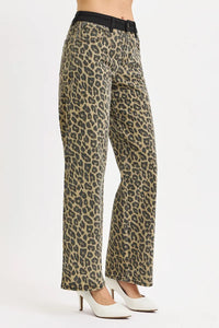 RISEN High Rise Wide Leg Leopard Printed Jeans-The High Rise Wide Leg Leopard Printed Jeans with Contrast Waist Band Detail are a bold and fashion-forward choice for making a statement. -Reef Love