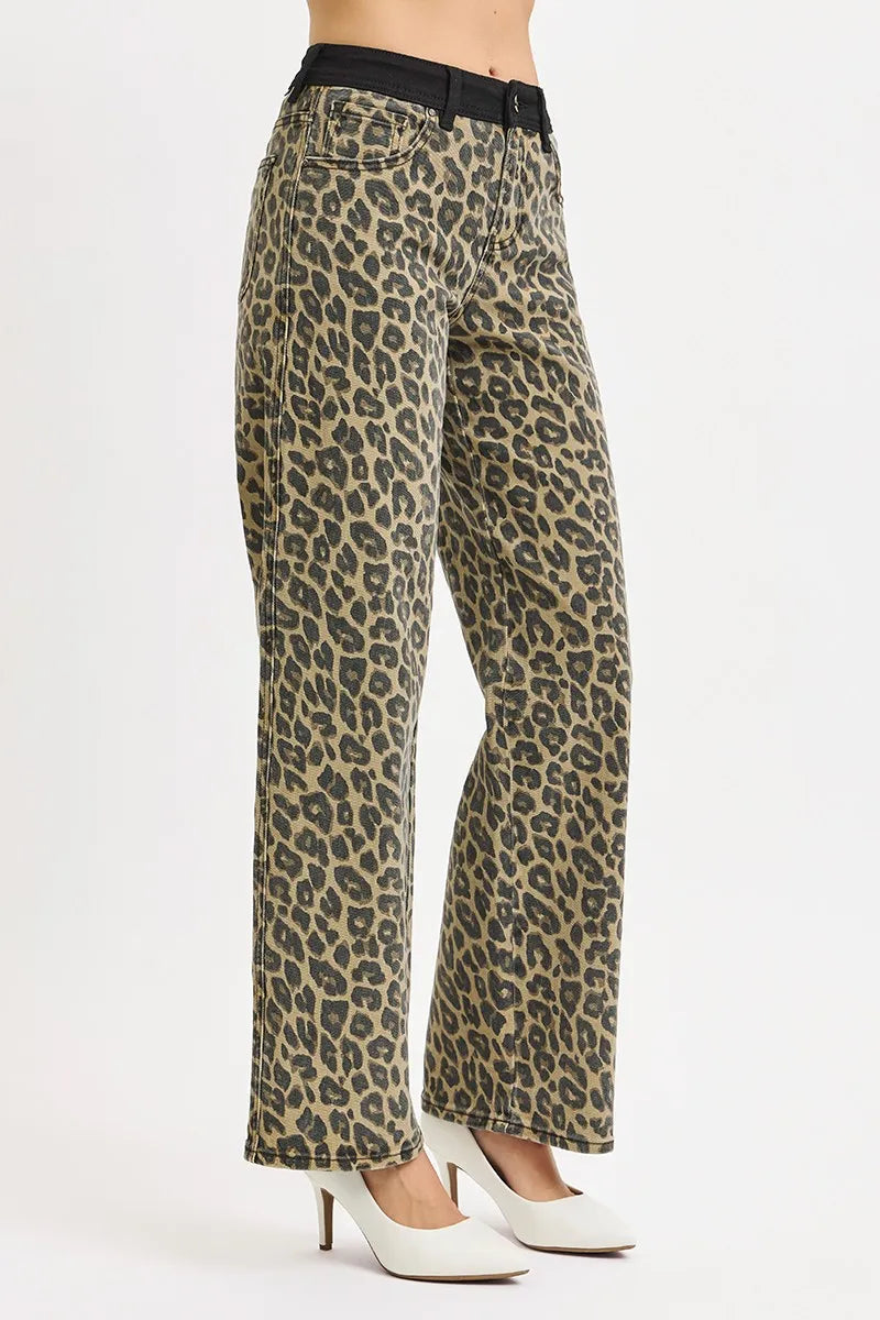 RISEN High Rise Wide Leg Leopard Printed Jeans-The High Rise Wide Leg Leopard Printed Jeans with Contrast Waist Band Detail are a bold and fashion-forward choice for making a statement. -Reef Love
