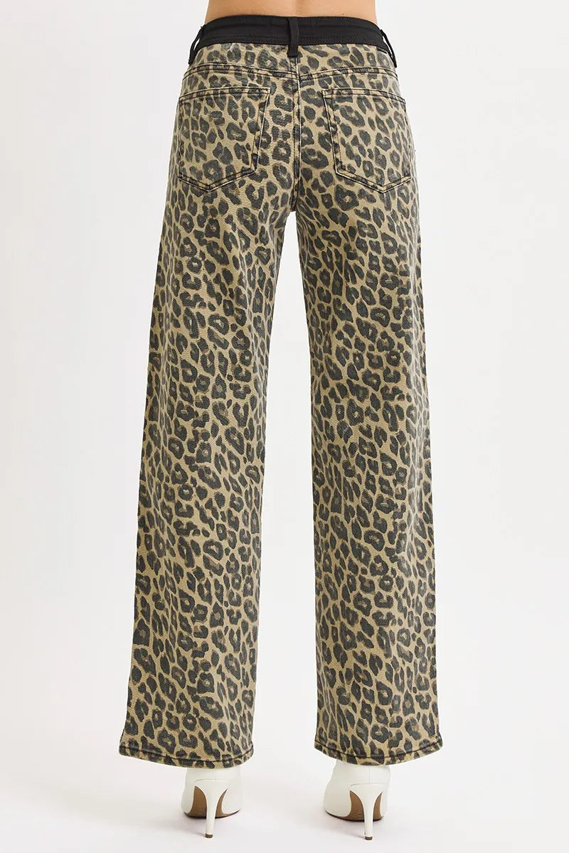 RISEN High Rise Wide Leg Leopard Printed Jeans-The High Rise Wide Leg Leopard Printed Jeans with Contrast Waist Band Detail are a bold and fashion-forward choice for making a statement. -Reef Love