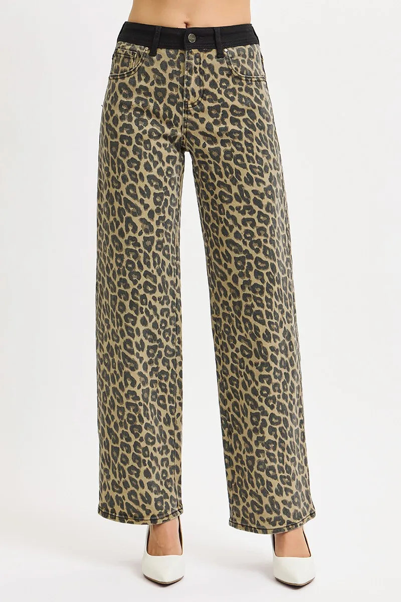 RISEN High Rise Wide Leg Leopard Printed Jeans-The High Rise Wide Leg Leopard Printed Jeans with Contrast Waist Band Detail are a bold and fashion-forward choice for making a statement. -Reef Love