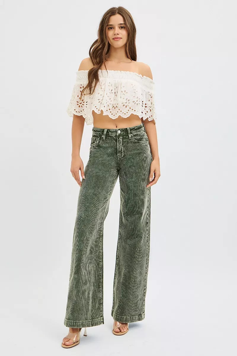 RISEN High Rise Wide Leg Olive Green Corduroy Jeans, Olive Green-RISEN-Reef Love Boutique