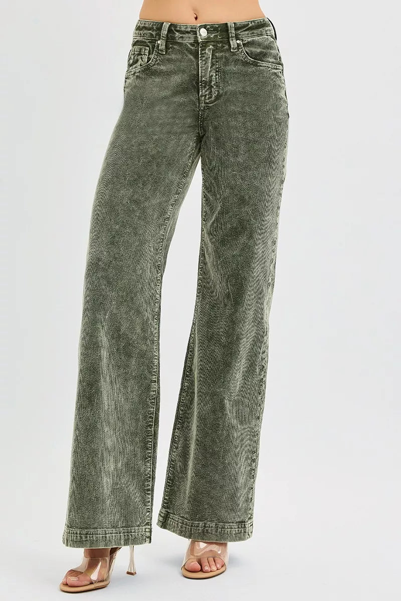 RISEN High Rise Wide Leg Olive Green Corduroy Jeans, Olive Green-RISEN-Reef Love Boutique