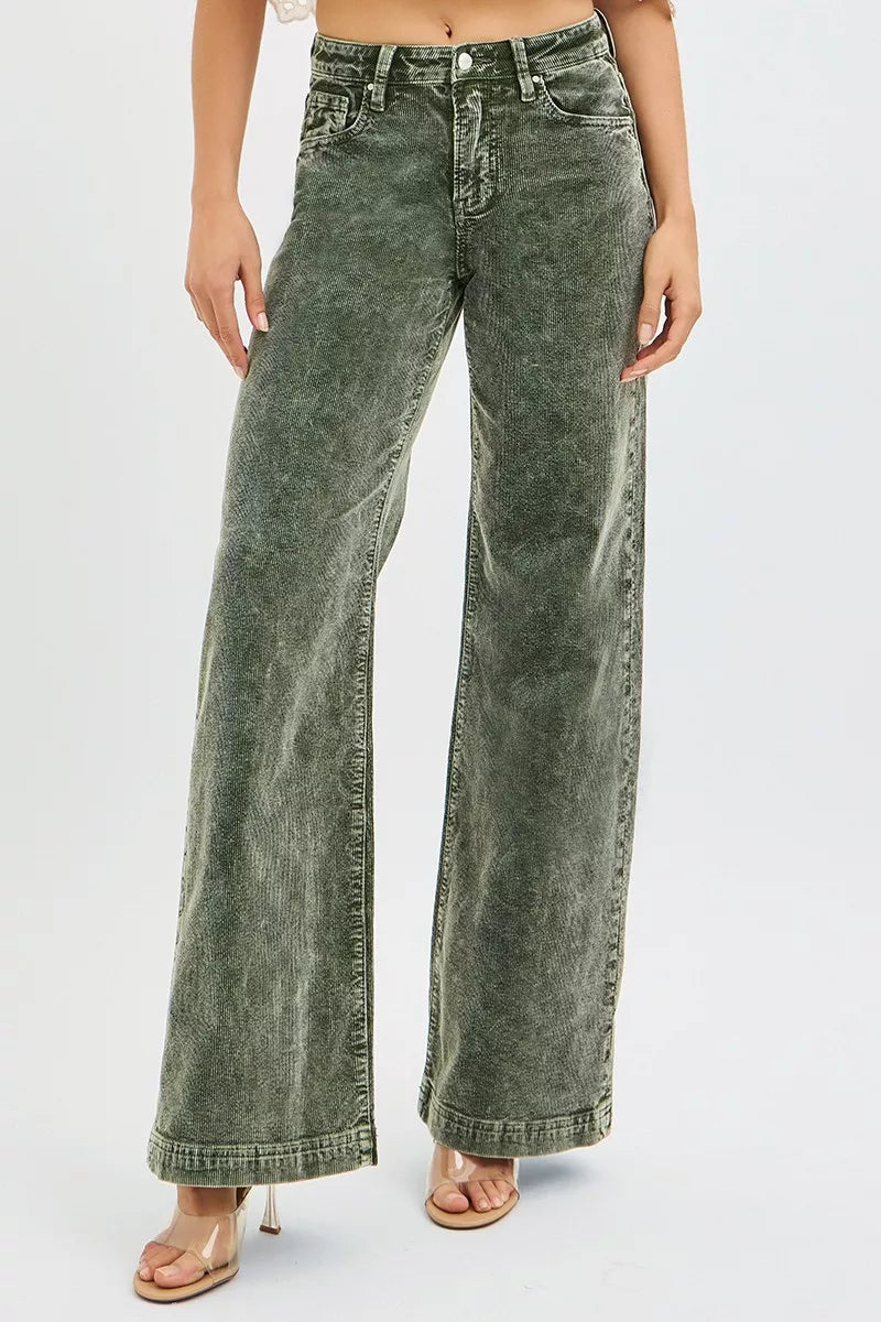 RISEN High Rise Wide Leg Olive Green Corduroy Jeans, Olive Green-RISEN-Reef Love Boutique