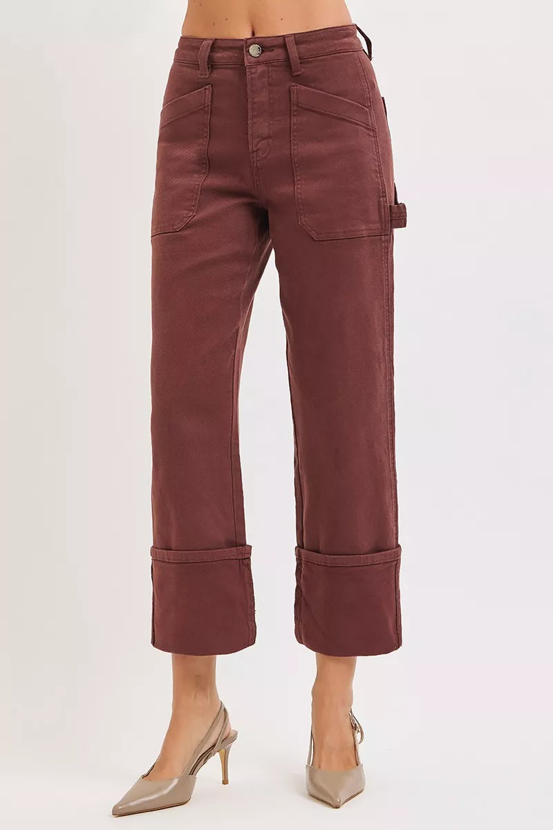 RISEN Choco Brown High Rise Wide Straight Cuffed Patch Jeans-Reef Love