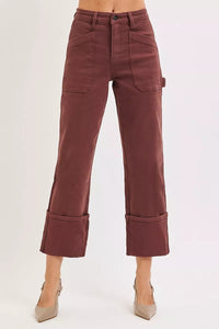 RISEN Choco Brown High Rise Wide Straight Cuffed Patch Jeans-Reef Love