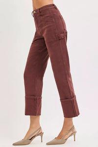 RISEN Choco Brown High Rise Wide Straight Cuffed Patch Jeans-Reef Love