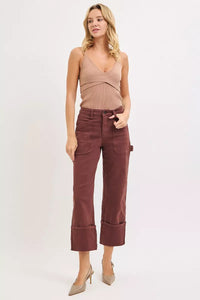 RISEN Choco Brown High Rise Wide Straight Cuffed Patch Jeans-Reef Love