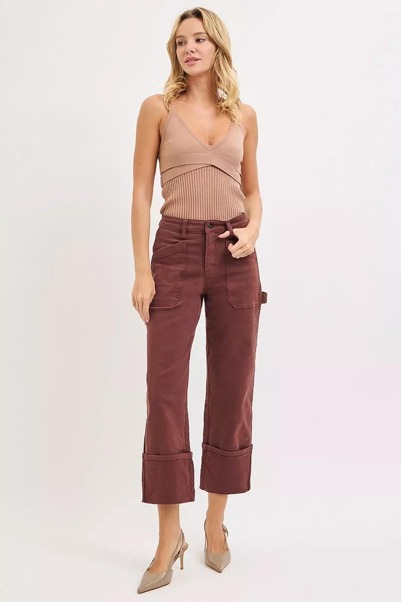 RISEN Choco Brown High Rise Wide Straight Cuffed Patch Jeans-Reef Love