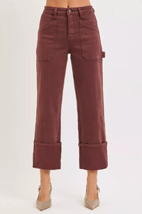 RISEN Choco Brown High Rise Wide Straight Cuffed Patch Jeans-Reef Love