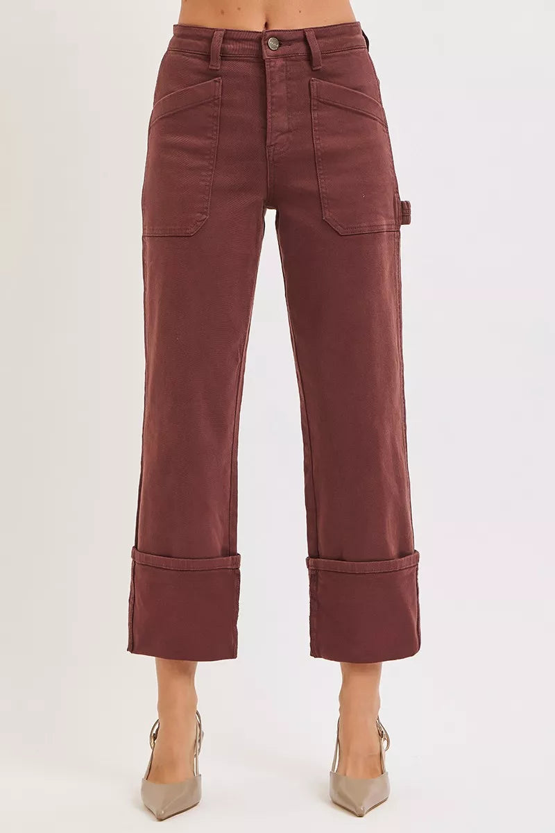 RISEN Choco Brown High Rise Wide Straight Cuffed Patch Jeans-Reef Love