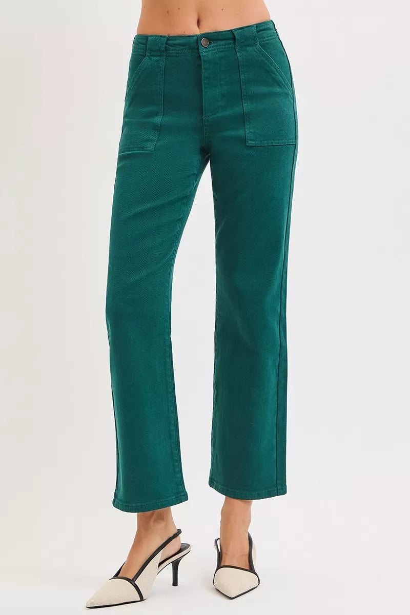 RISEN Hunter Green High Rise Ankle Flare Patch Pocket Jeans