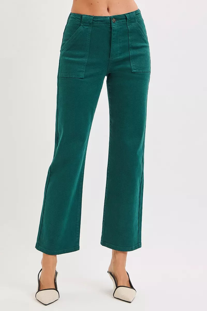 RISEN Hunter Green High Rise Ankle Flare Patch Pocket Jeans
