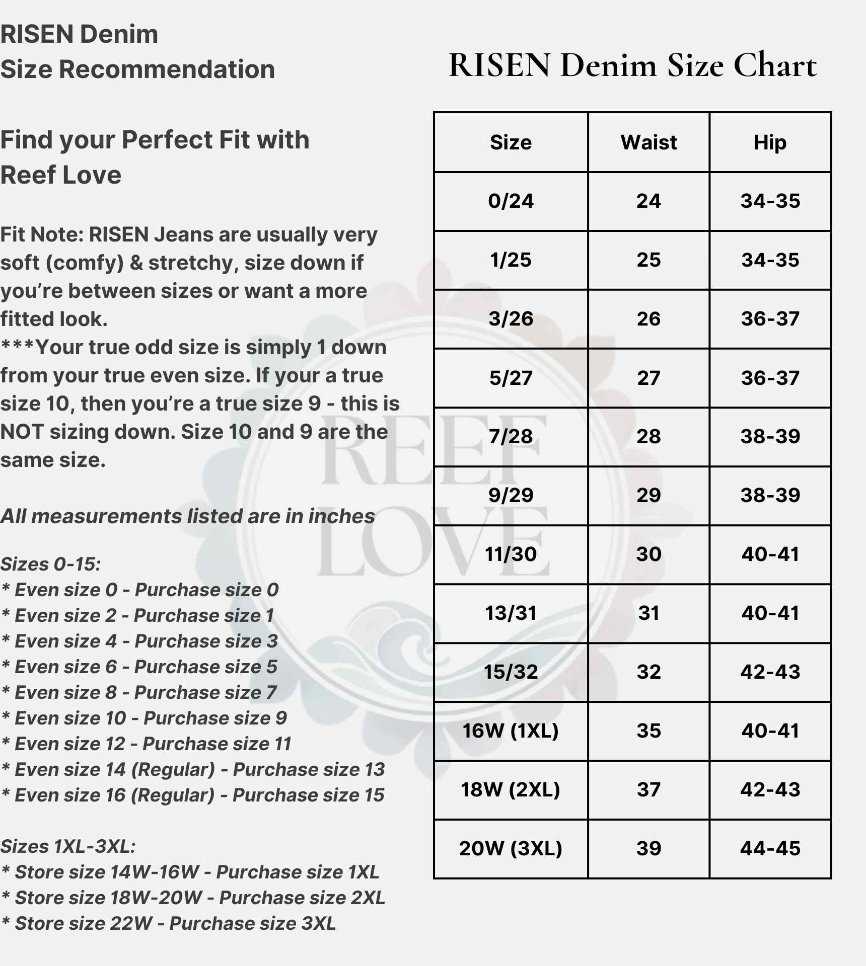 RISEN Jeans Size Chart - Reef Love
