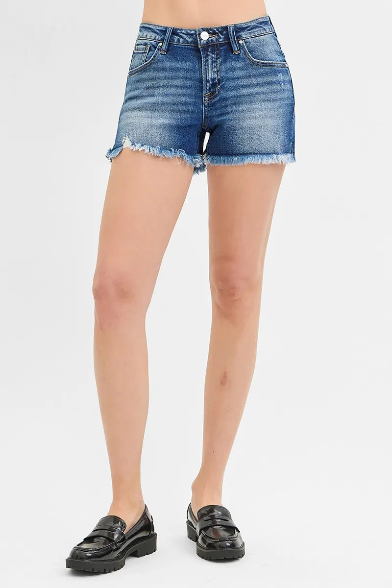 RISEN Low Rise Frayed Denim Shorts-RISEN-Reef Love Boutique